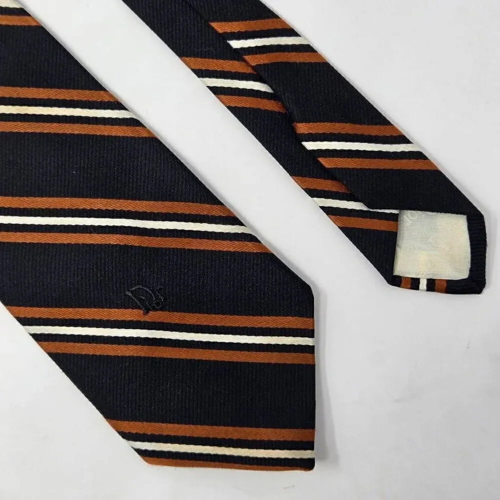 CHRISTIAN DIOR USA POLY SILK TIE BLACK WHITE ORANGE STRIPE SATIN 3